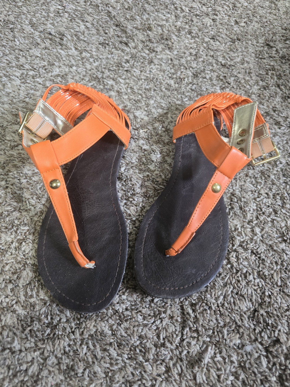 Orange Women's T-Strap Sandals with Gold Accent